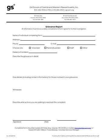 Grievance Form - Girl Scouts of Central and Western Massachusetts
