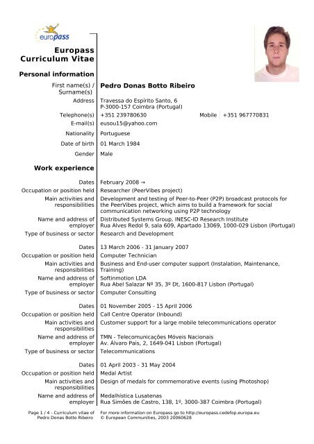 Europass CV - Distributed Systems Group / INESC-ID Lisboa ...