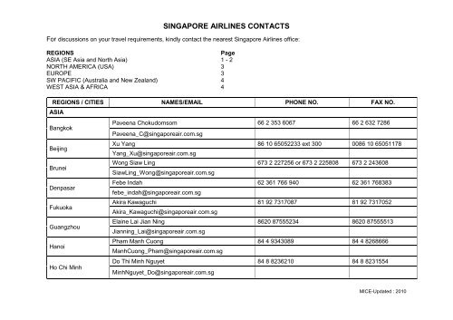 SINGAPORE AIRLINES CONTACTS SINGAPORE AIRLINES CONTACTS