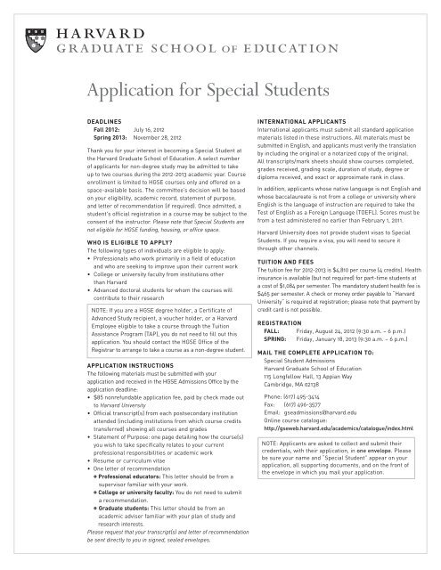 Application For Special Students Harvard Graduate School Of