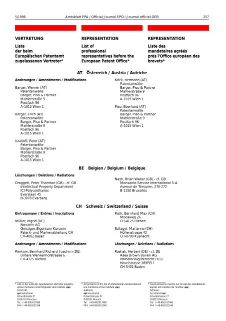 VERTRETUNG Liste der beim Europäischen Patentamt ...