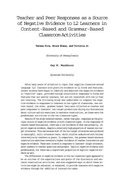 Teacher and Peer Responses as a Source of Negative Evidence to ...