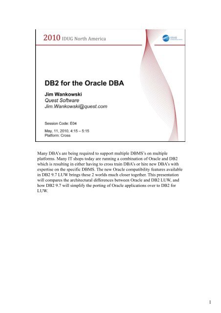 DB2 for the ORACLE DBA - GSE Belux