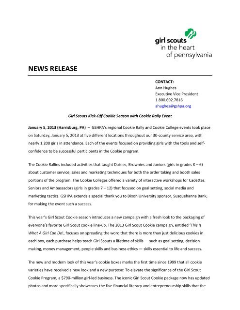 NEWS RELEASE - Girl Scouts in the Heart of Pennsylvania