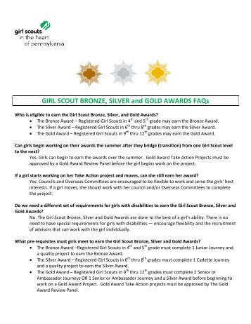GIRL SCOUT BRONZE, SILVER and GOLD AWARDS FAQs