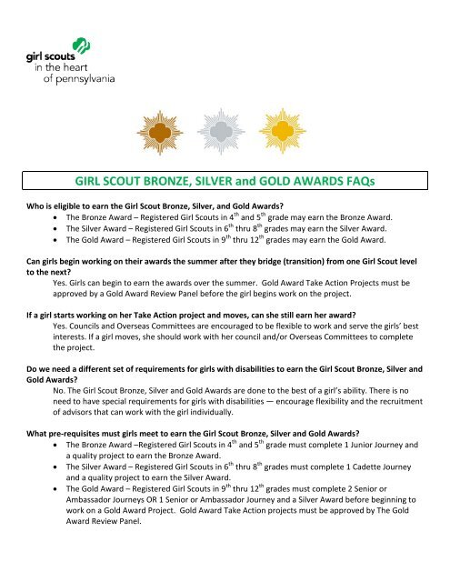 GIRL SCOUT BRONZE, SILVER and GOLD AWARDS FAQs