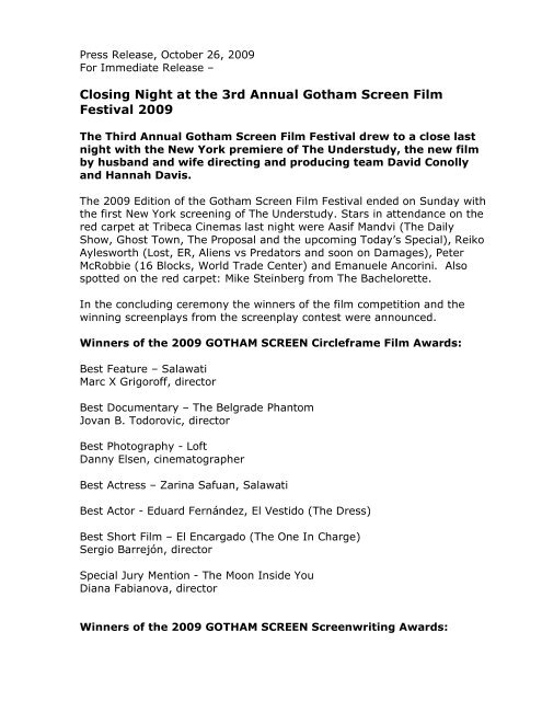 Press Release October 26, 2009 - Gotham Screen International Film ...