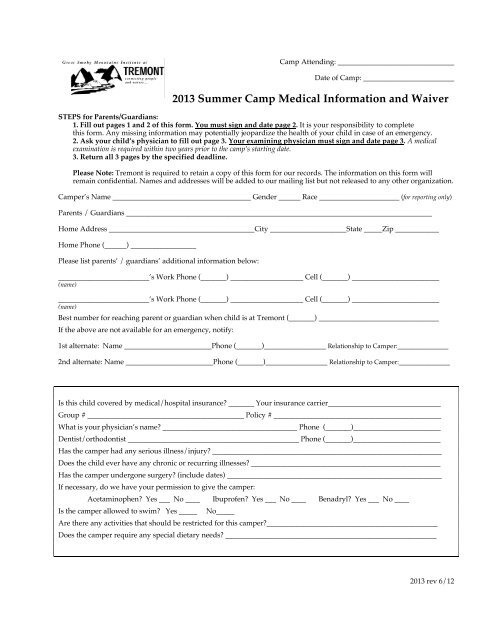 Summer Camp Medical Form - Great Smoky Mountains Institute at ...