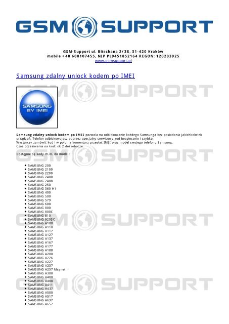 Samsung zdalny unlock kodem po IMEI