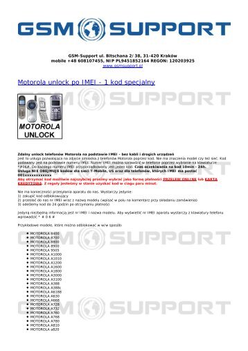 Motorola unlock po IMEI - 1 kod specjalny