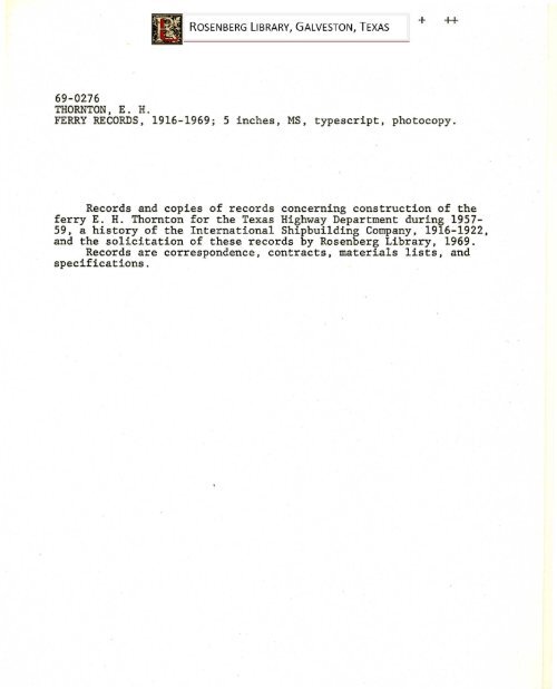 Thornton, E. H. Jr. Ferry Records Galveston and Texas History Center
