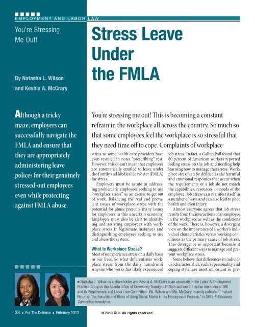 Stress Leave Under the FMLA - Greenberg Traurig LLP