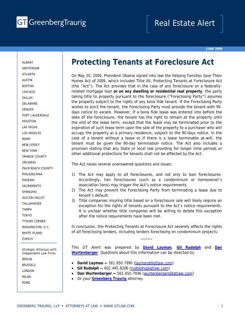 Protecting Tenants at Foreclosure Act - Greenberg Traurig LLP