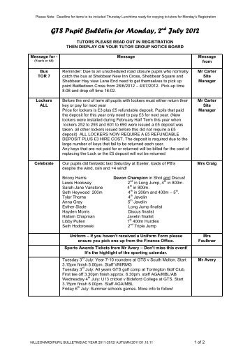 GTS Pupil Bulletin for Tuesday, - Great Torrington School