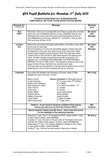 GTS Pupil Bulletin for Tuesday, - Great Torrington School