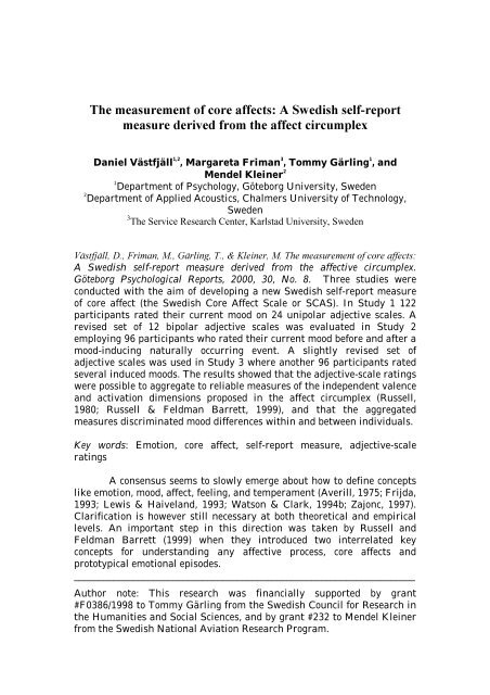 The measurement of core affects: A Swedish self report measure ...