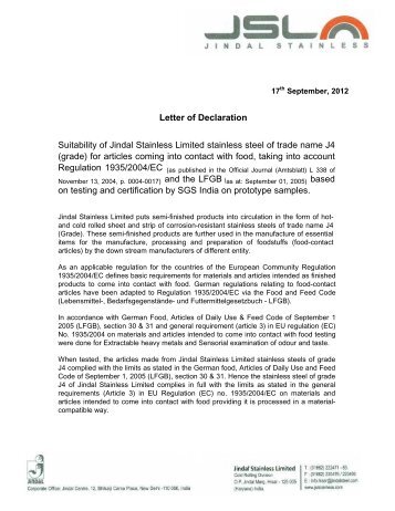 Letter of Declaration Suitability of Jindal Stainless ... - Gual Steel