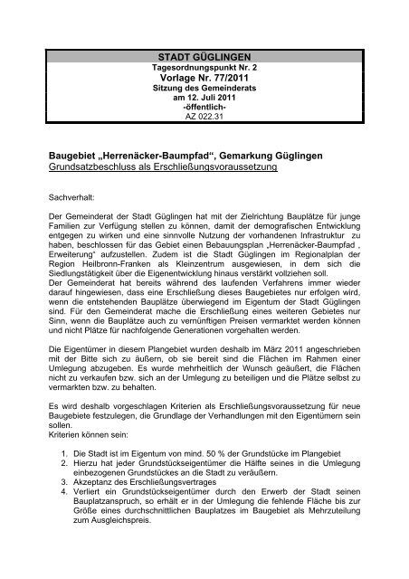 STADT GÜGLINGEN Vorlage Nr. 77/2011 Baugebiet „Herrenäcker ...