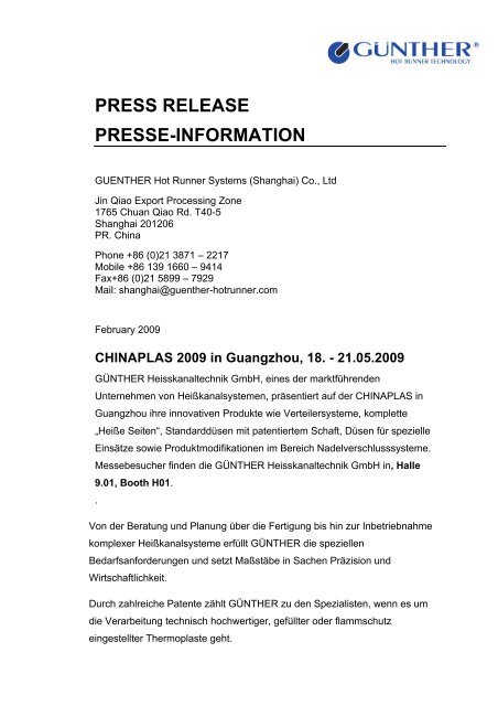 press release presse-information - GÜNTHER Hot Runner Technology
