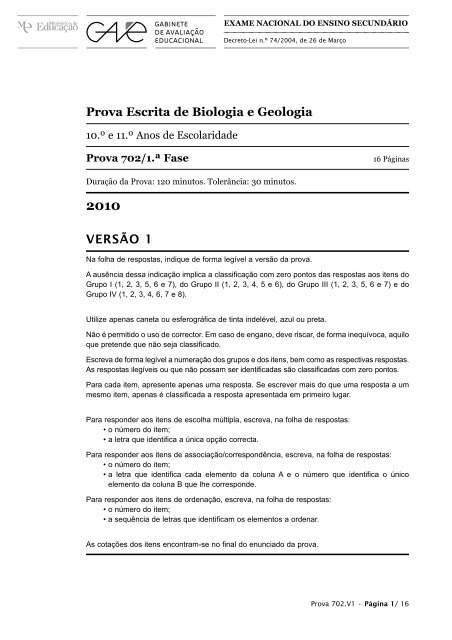 Biologia - Sistemática dos Seres Vivos  Exame Nacional 1ª Fase 2014 