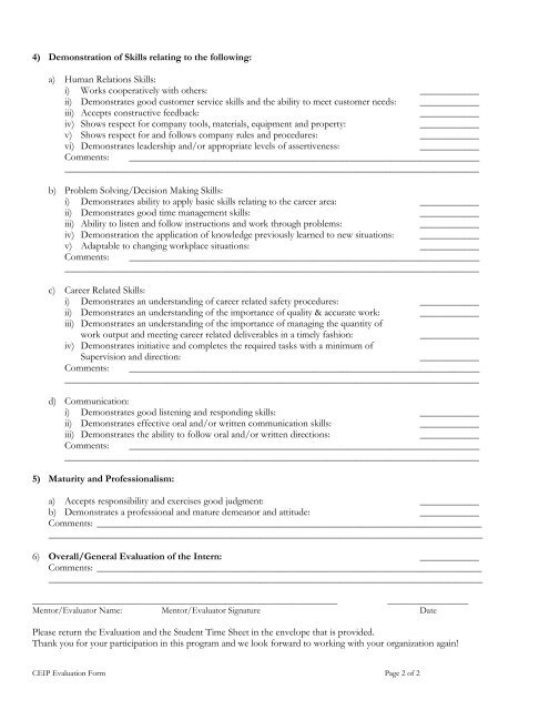 Student Internship Evaluation Form