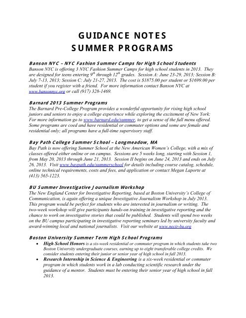 GUIDANCE NOTES SUMMER PROGRAMS