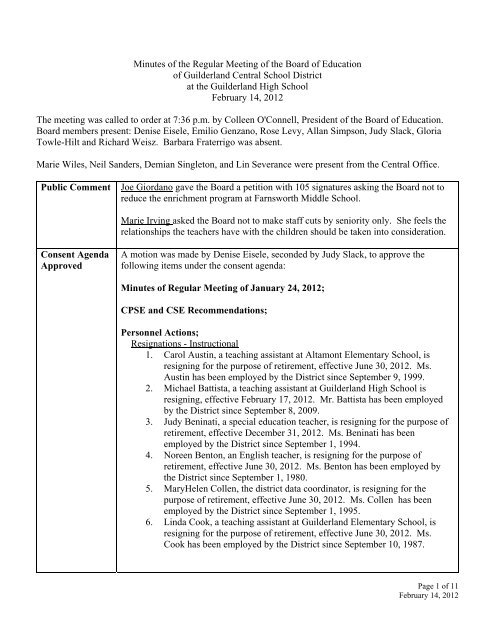 Minutes of the Regular Meeting of the Board of Education of ...