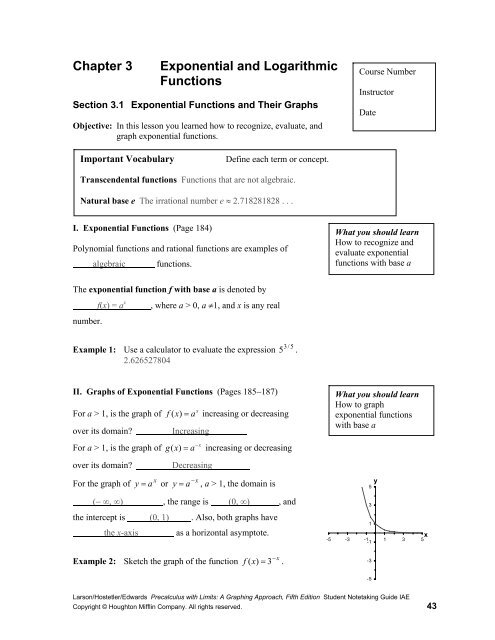 Chapter 3 Exponential And Logarithmic Functions