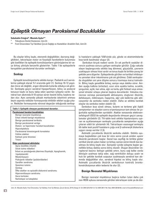 Epileptik Olmayan Paroksismal Bozukluklar - Güncel Pediatri Dergisi