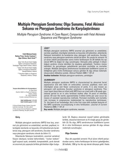 Multiple Pterygium Sendromu - Güncel Pediatri Dergisi