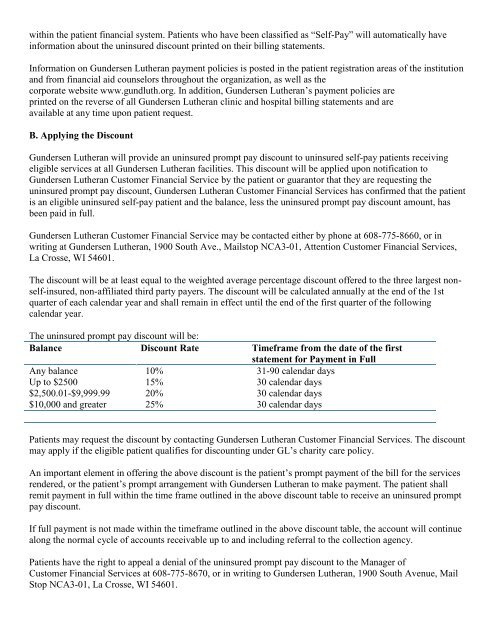 Uninsured Prompt Pay Discount Policy - Gundersen Health System