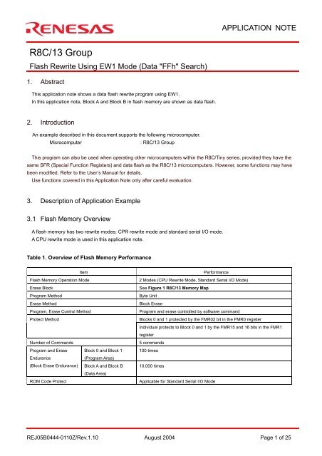 R8C/13 Group APPLICATION NOTE Flash Rewrite Using EW1 Mode