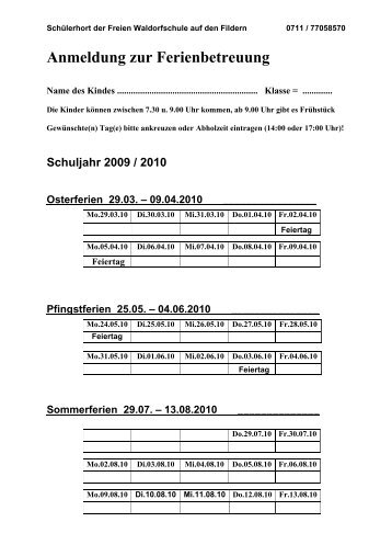 Anmeldung zur Ferienbetreuung - Freie Waldorfschule Gutenhalde