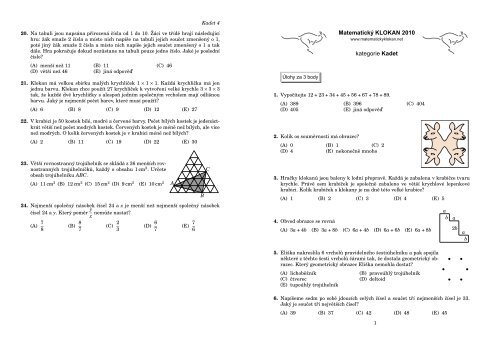 Matematický KLOKAN 2010 kategorie Kadet