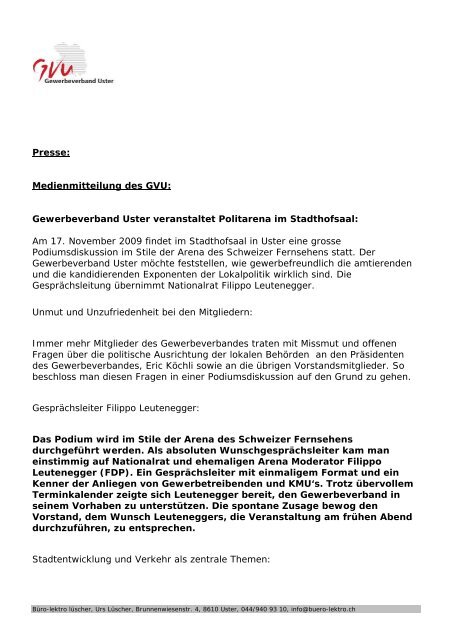 Presse: Medienmitteilung des GVU: Gewerbeverband Uster ...
