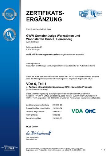 Zertifikat VDA 6.1 Böblingen Hulb - GWW