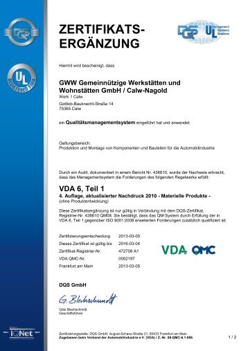 Zertifikat ﻿VDA 6.1 Calw - GWW