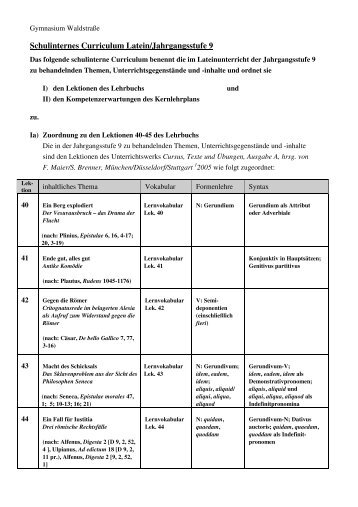 Schulinternes Curriculum Latein Klasse 9 - Gymnasium Waldstraße