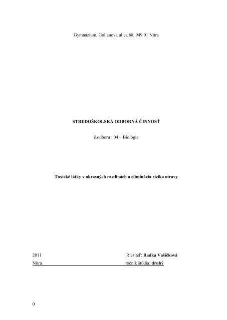 STREDOŠKOLSKÁ ODBORNÁ ČINNOSŤ č.odboru : 04 – Biológia