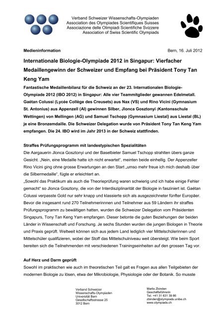 Medienmitteilung, Verband Schweizer Wissenschafts-Olympiaden