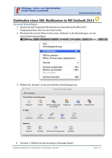 Einbinden eines SBL Mailkontos in MS Outlook 2011