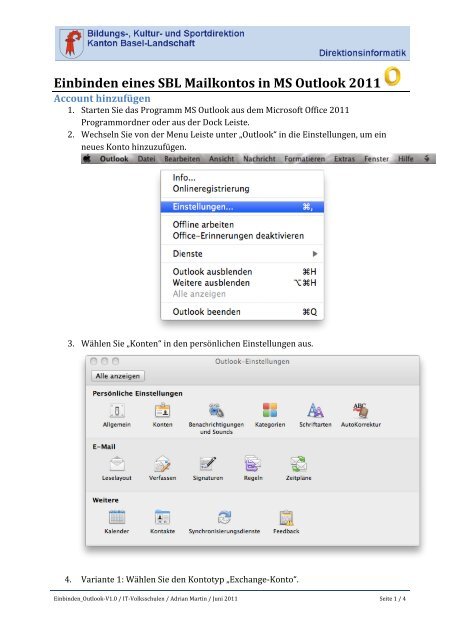 Einbinden eines SBL Mailkontos in MS Outlook 2011