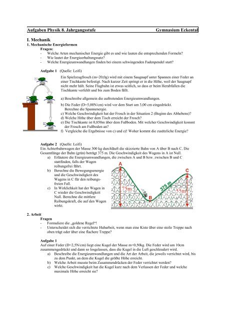 Aufgaben Physik 8. Jahrgangsstufe Gymnasium Eckental I. Mechanik