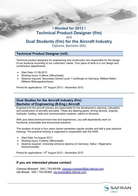 Duales Studium Flugzeugbau, Technischer Produktdesigner