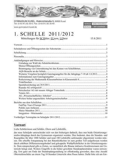 1. Elternbrief 2011/2012 - des Gymnasiums Kusel