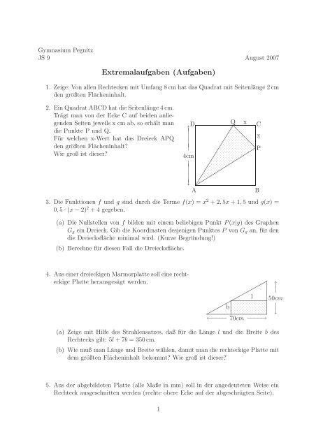 Extremalaufgaben (Aufgaben) - Gymnasium Pegnitz