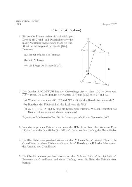 Volumen Und Oberfläche Prisma Aufgaben Mit Lösungen Pdf Prisma (Aufgaben) - Gymnasium Pegnitz