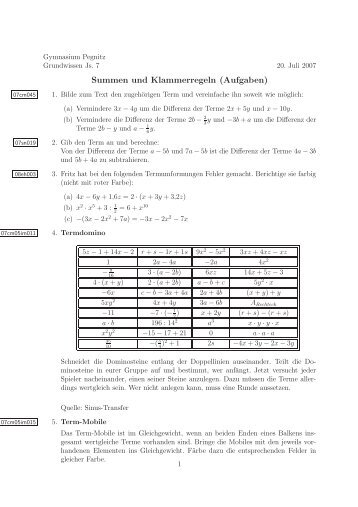 Summen und Klammerregeln (Aufgaben) - Gymnasium Pegnitz