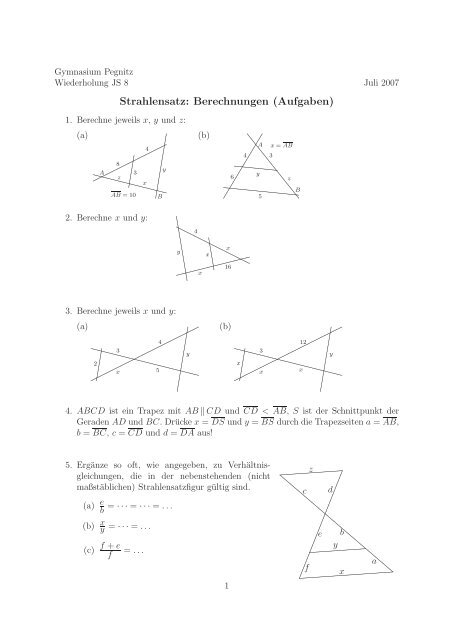 Strahlensatz Aufgaben Mit Lösungen Klasse 9 Pdf Strahlensatz: Berechnungen (Aufgaben) - Gymnasium Pegnitz