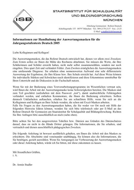 Ausführliche Bedienungsanleitung Auswertungsmasken 2005